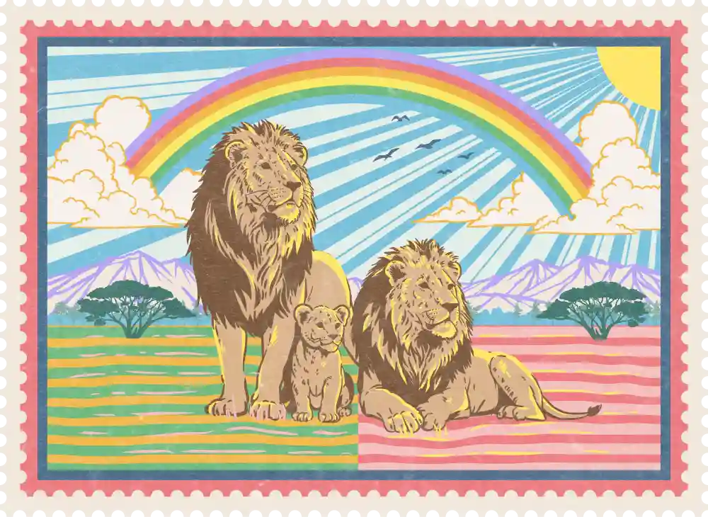 Stamp styled illustration of a lion family on a rainbow savanna.